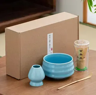 Matcha gift set: gift box, sky blue ceramic tea bowl, bamboo whisk, whisk holder and bamboo scoop
