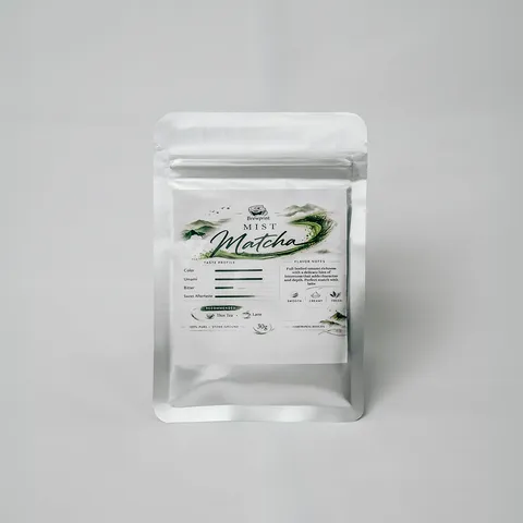 Silver pouch of Brewprint Mist Matcha, ceremonial grade
